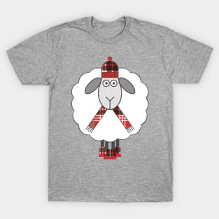 Cosy Winter Sheep With Red, Black and White Tartan Hat, Scarf and Boots T-Shirt